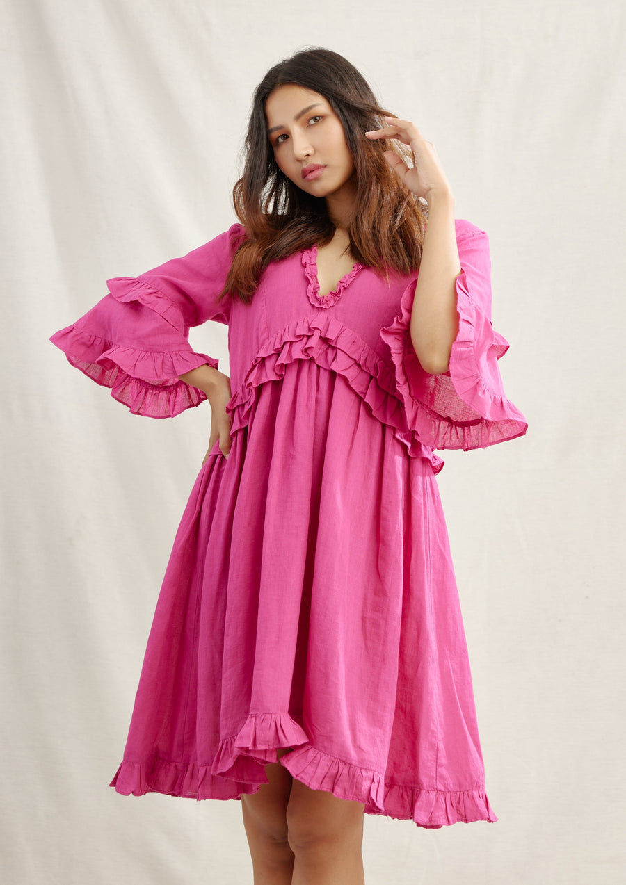 Cape Ruched Linen Party Dress for Women