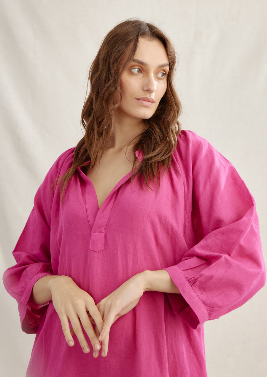 Moroccan Gathered Linen Tunic Dress for Women