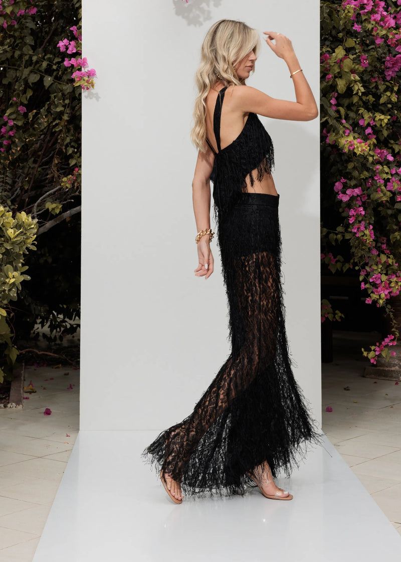 Zoe The Label Summer Long Fringe Sheer See Through High-Waisted Black Pants