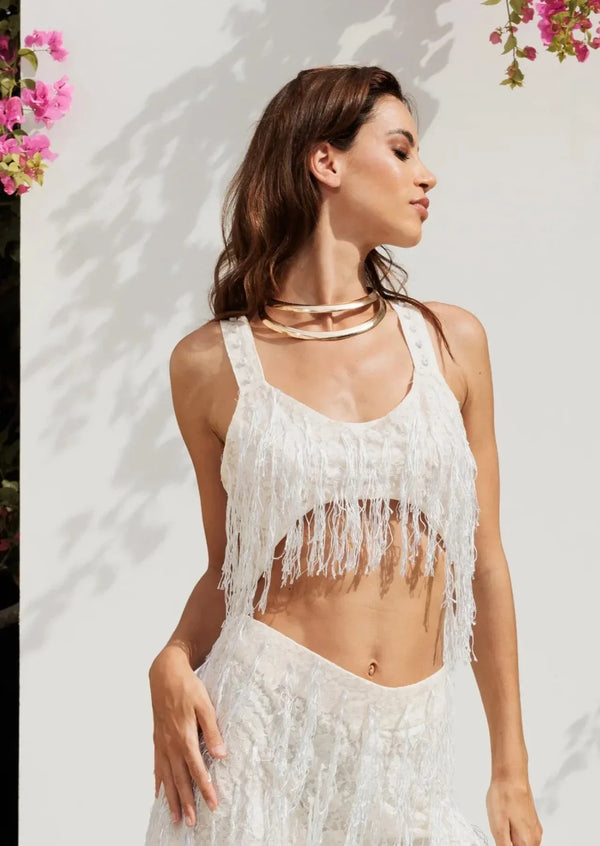 Zoe The Label Sexy White Sheer Fringe Crop Top