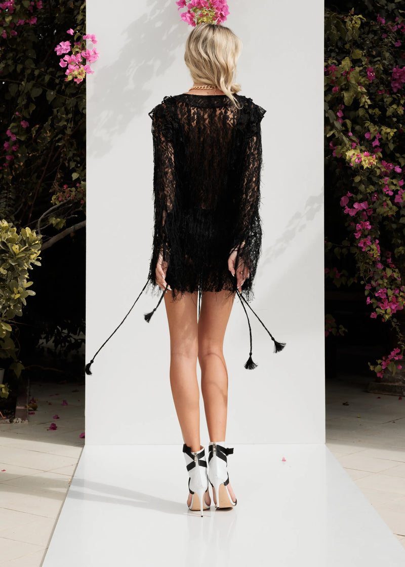 ZoeTheLabel Black Short V Neck Fringe Party Long Sleeves Summer Brunch Outfit Dress