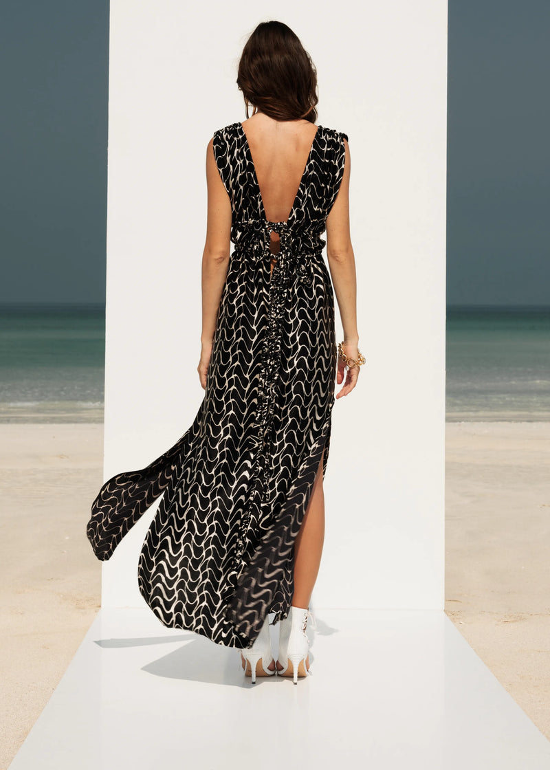 Black And White Satin Sexy Maxi Dress V Neck Front And Back Beach Outfit Zoe The Label